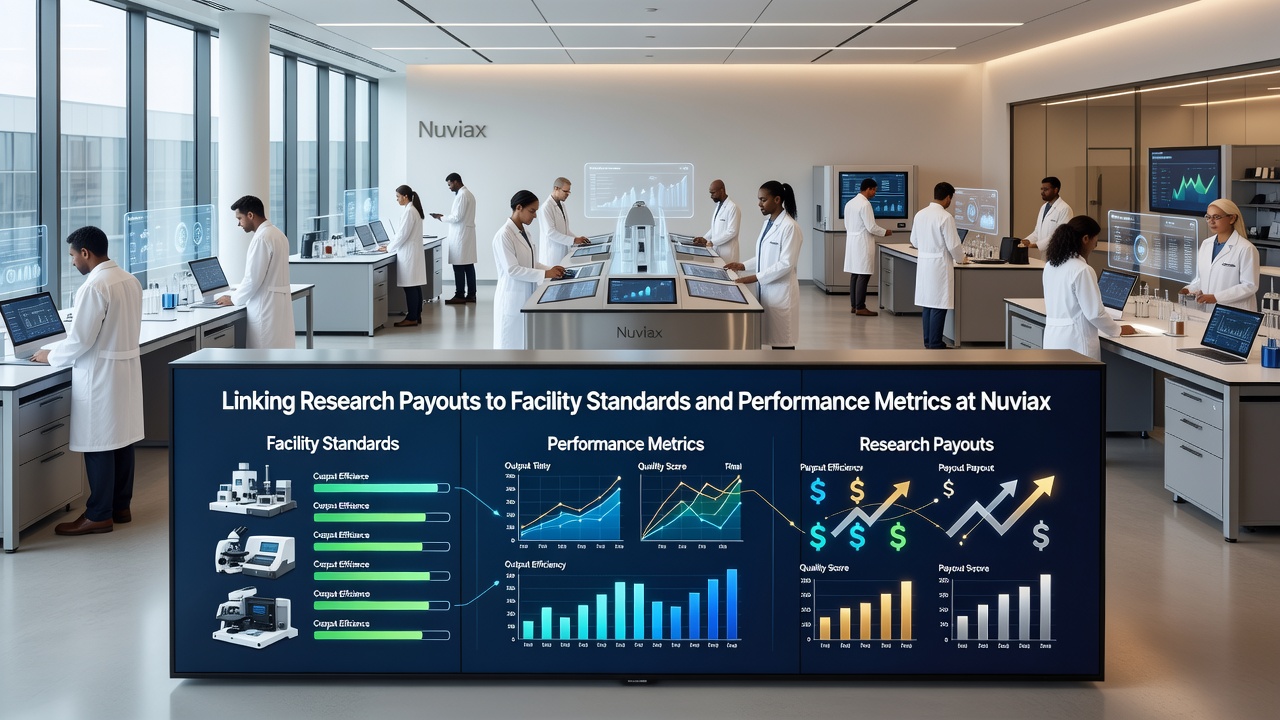 Performance metrics dashboard displaying facility compliance scores and research payout allocations at Nuviax